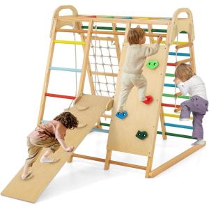 imageINFANS Indoor Jungle Gym 8 in 1 Kids Montessori Indoor Playground Climbing Playset for Toddlers with Slide Swing Net Monkey Bars Rope Ladder Wood Climber Toys for Boys GirlsColourful