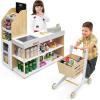 imageINFANS Kids Wooden Grocery Store Playset Supermarket Toy Set with Cash Register Stand Shopping Cart Blackboard Wooden Coins Grocery Store Marketplace Pretend Play for Toddlers