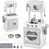 imageINFANS 2 in 1 Kids Play Kitchen and Restaurant Double Sided Toddler Wooden Pretend Cooking Set with Stove Sink Microwave Storage Cabinet Simulation Kitchen Toy Set for Boys GirlsGrey
