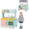 imageINFANS 2 in 1 Kids Play Kitchen and Restaurant Double Sided Toddler Wooden Pretend Cooking Set with Stove Sink Microwave Storage Cabinet Simulation Kitchen Toy Set for Boys GirlsBlue