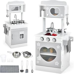imageINFANS 2 in 1 Kids Play Kitchen and Restaurant Double Sided Toddler Wooden Pretend Cooking Set with Stove Sink Microwave Storage Cabinet Simulation Kitchen Toy Set for Boys GirlsGrey