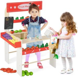 imageINFANS Grocery Store Marketplace Toy for Kids Wooden Market Stand Pretend Play Set with 36 Cutting Vegetables Fruits Pieces Role Food Shop Playset Gift for Boys Girls Ages 3Fruit Store