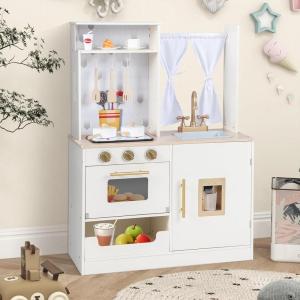 imageINFANS Kids Kitchen Playset Cooking Toy Kitchen Set with Coffee Machine Stove Removable Sink Microwave Storage Cabinet Simulation Wooden Play Kitchen for Toddler Boys GirlsBeige