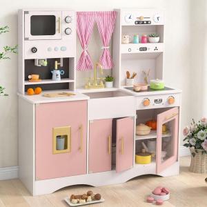 imageINFANS Kids Kitchen Playset Cooking Toy Kitchen Set with Coffee Machine Stove Removable Sink Microwave Storage Cabinet Simulation Wooden Play Kitchen for Toddler Boys GirlsPink