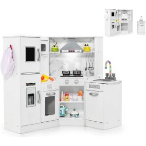 imageINFANS Play Kitchen for Kids 2Piece Fridge Refrigerator Playset Combination with Electronic Interactive Alphabet Wall Chart Coffee Machine Stove Microwave Toddler Wooden Pretend Cooking Set GiftSeparated White