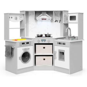 imageINFANS Play Kitchen for Kids 2Piece Fridge Refrigerator Playset Combination with Electronic Interactive Alphabet Wall Chart Coffee Machine Stove Microwave Toddler Wooden Pretend Cooking Set GiftCorner Grey