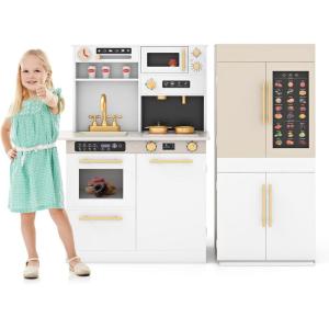 imageINFANS Play Kitchen for Kids 2Piece Fridge Refrigerator Playset Combination with Electronic Interactive Alphabet Wall Chart Coffee Machine Stove Microwave Toddler Wooden Pretend Cooking Set GiftSeparated Click and Learn
