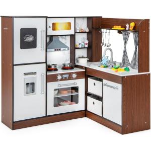 imageINFANS Play Kitchen for Kids 2Piece Fridge Refrigerator Playset Combination with Electronic Interactive Alphabet Wall Chart Coffee Machine Stove Microwave Toddler Wooden Pretend Cooking Set GiftCorner Coffee Brown