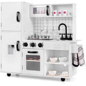 imageINFANS Play Kitchen for Kids Wooden Kids Play Kitchen Playset with Realistic Light ampamp Sounds Pots Pan Microwave Sink Children Pretend Cooking Toy Set Gift for Toddler Boys Girls Ages 3White