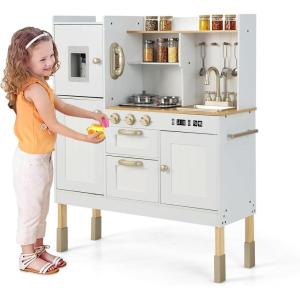 imageINFANS Play Kitchen for Kids Wooden Kids Play Kitchen Playset with Realistic Light ampamp Sounds Pots Pan Microwave Sink Children Pretend Cooking Toy Set Gift for Toddler Boys Girls Ages 3Creamy White