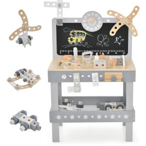 imageINFANS Tool Bench Set for Toddlers Kids Wooden Workbench with Blackboard Construction Building Tools and 62 Accessories Creative Realistic Pretend Play Workshop Gift for Boys GirlsGrey