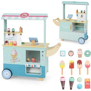 imageINFANS Wooden Grocery Store Marketplace Toy Market Stand Shop Pretend Play Set with Universal Wheel Food Scale Cash Register Beverage Rack 30 Accessories Gift for Ages 3Green