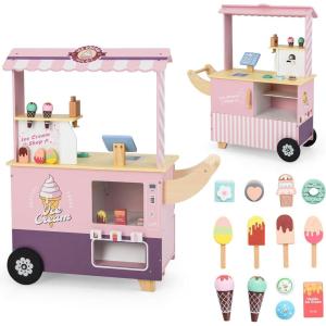 imageINFANS Wooden Grocery Store Marketplace Toy Market Stand Shop Pretend Play Set with Universal Wheel Food Scale Cash Register Beverage Rack 30 Accessories Gift for Ages 3Peach Pink