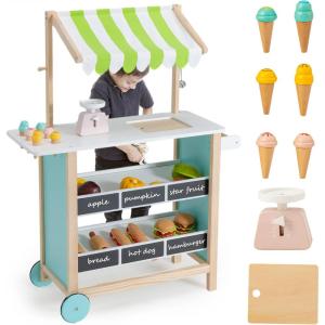 imageINFANS Wooden Grocery Store Marketplace Toy Supermarket Pretend Play Extra Storage 6 Ice Creams Scales Bells Chalkboards Fun Indoor Farmers Market Stand Set Gift for Ages 3