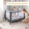 imageINFANS 4 in 1 Pack and Play Portable Travel Baby Playard with Bassinet Changing Table Canopy Mosquito Net Hanging Toys Music Box Storage Bag Large Playpen from Newborn to Toddlers PinkGrey