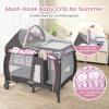 imageINFANS 4 in 1 Pack and Play Portable Travel Baby Playard with Bassinet Changing Table Canopy Mosquito Net Hanging Toys Music Box Storage Bag Large Playpen from Newborn to Toddlers PinkPink