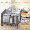 imageINFANS 4 in 1 Pack and Play Portable Travel Baby Playard with Bassinet Changing Table Canopy Mosquito Net Hanging Toys Music Box Storage Bag Large Playpen from Newborn to Toddlers PinkGrey