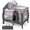 imageINFANS 4 in 1 Pack and Play Portable Travel Baby Playard with Bassinet Changing Table Canopy Mosquito Net Hanging Toys Music Box Storage Bag Large Playpen from Newborn to Toddlers PinkPink