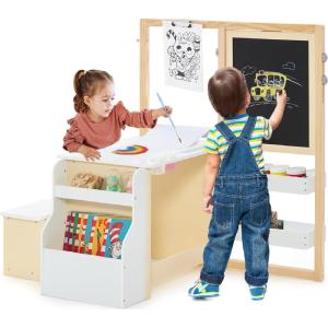 imageINFANS 3 in 1 Kids Art Table and Chair Set Toddler Craft and Play Wood Activity Desk with DoubleSided Easel Blackboard Whiteboard Paper Roll for Writing Children Furniture for Daycare NurseryNatural