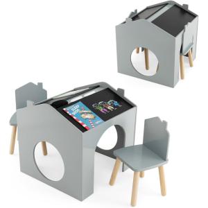 imageINFANS 3 in 1 Kids Table and Chair Set Wood Multi Activity Table with Removable Tabletop Storage Detachable Blackboard for Toddler Playing Drawing Arts Crafts3 PCS Children Furniture Dark Gray