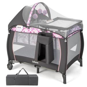 imageINFANS 4 in 1 Pack and Play Portable Travel Baby Playard with Bassinet Changing Table Canopy Mosquito Net Hanging Toys Music Box Storage Bag Large Playpen from Newborn to Toddlers PinkPink