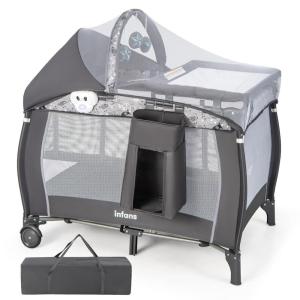imageINFANS 4 in 1 Pack and Play Portable Travel Baby Playard with Bassinet Changing Table Canopy Mosquito Net Hanging Toys Music Box Storage Bag Large Playpen from Newborn to Toddlers PinkGrey