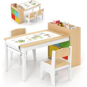 imageINFANS Kids Art Table and Chair Set Toddler Craft Play Wood Activity Desk with Paper Roll 2 Chairs Storage Canvas Bins for Writing Drawing Children Furniture for Daycare Nursery Boys Girls Ages 3Natural
