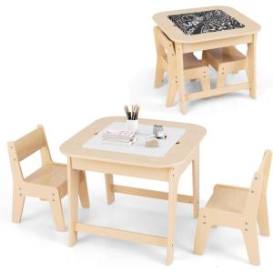 imageINFANS Kids Table and Chair Set 3 in 1 Wooden Activity Table with Removable Tabletop Blackboard and Whiteboard for Toddlers Arts Crafts Drawing Reading Playing Playroom Nursery GreyNatural