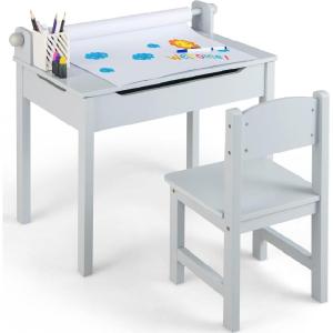 imageINFANS Kids Table and Chair Set with Paper Roll Wooden Lifttop Desk for Toddler Writing Drawing Reading Craft Art Children Furniture Activity Table Set for Nursery Daycare Playroom Grey