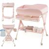 imageINFANS Baby Changing Table with Wheels Portable Folding Diaper Station Nursery Organizer with Storage Basket Hanging Rack Adjustable Height Safety Belt for Newborn Infant Light GrayLight Pink