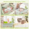 imageINFANS Baby Changing Table with Wheels Portable Folding Diaper Station Nursery Organizer with Storage Basket Hanging Rack Adjustable Height Safety Belt for Newborn Infant Light GrayGreen