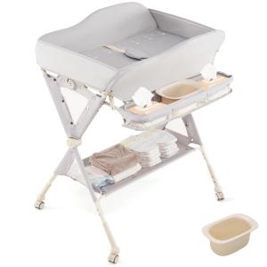 imageINFANS Baby Changing Table with Wheels Portable Folding Diaper Station Nursery Organizer with Storage Basket Hanging Rack Adjustable Height Safety Belt for Newborn Infant Light GrayLight Gray