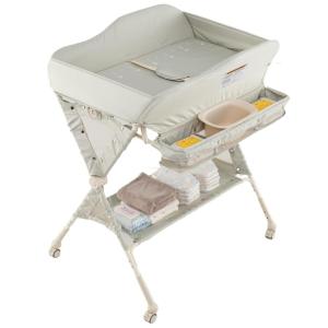 imageINFANS Baby Changing Table with Wheels Portable Folding Diaper Station Nursery Organizer with Storage Basket Hanging Rack Adjustable Height Safety Belt for Newborn Infant Light GrayGreen