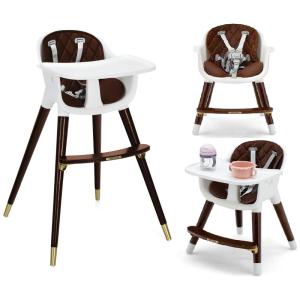 imageINFANS Baby High Chair 3 in 1 Convertible Wooden Highchair for Babies ampamp Toddlers Modern Infant Feeding Chair with 5Point Safety Harness Footrest Adjustable Legs Removable Tray PU CushionBrown