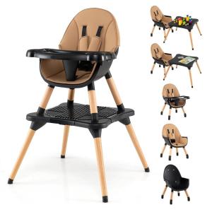 imageINFANS Baby High Chair 5in1 Convertible Wooden Highchair for Babies and Toddlers Table and Chair Set Building Block Table and Stool with 5 Point Harness Detachable Tray BrownBrown