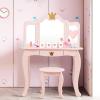 imageINFANS 2in1 Kids Vanity Table ampamp Stool Set Toddler Wooden Dressing Table with TriFold Mirror ampamp Drawer Detachable Large Top Princess Pretend Play Makeup Dresser for Little GirlsPink