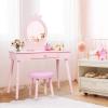 imageINFANS Kids Vanity Dressing Table ampamp Stool Set Wooden Pretend Play Dressing Table with Real Mirror Drawer Crown Shape Princess Makeup Dressing for Little GirlsPink