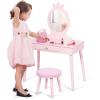 imageINFANS Kids Vanity Dressing Table ampamp Stool Set Wooden Pretend Play Dressing Table with Real Mirror Drawer Crown Shape Princess Makeup Dressing for Little GirlsPink