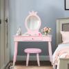 imageINFANS Kids Vanity Dressing Table ampamp Stool Set Wooden Pretend Play Dressing Table with Real Mirror Drawer Crown Shape Princess Makeup Dressing for Little GirlsPink