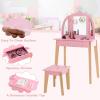 imageINFANS Kids Vanity Table and Chair Set Pretend Beauty Play Vanity Set with TriFolding Mirror Drawer Stool and Detachable Top 2 in 1 Wooden Princess Makeup Dressing Table for Girls