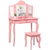 imageINFANS Kids Wooden Princess Vanity Table ampamp Chair Set 2in1 Toddler Vanity Table with Stool TriFolding MirrorLarge Drawer Pretend Beauty Make Up Dressing Play Set for Little GirlsPink