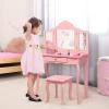 imageINFANS Kids Wooden Princess Vanity Table ampamp Chair Set 2in1 Toddler Vanity Table with Stool TriFolding MirrorLarge Drawer Pretend Beauty Make Up Dressing Play Set for Little GirlsPink