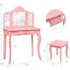 imageINFANS Kids Wooden Princess Vanity Table ampamp Chair Set 2in1 Toddler Vanity Table with Stool TriFolding MirrorLarge Drawer Pretend Beauty Make Up Dressing Play Set for Little GirlsPink