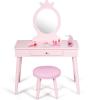 imageINFANS Kids Vanity Dressing Table ampamp Stool Set Wooden Pretend Play Dressing Table with Real Mirror Drawer Crown Shape Princess Makeup Dressing for Little GirlsPink
