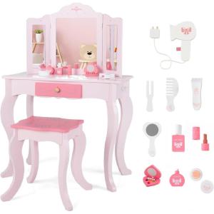 imageINFANS Kids Vanity 2 in 1 Princess Makeup Table and Chair Set with TriFolding Detachable Mirror 10 Accessories Wooden Dressing Table Beauty Pretend Play Vanity Set for Toddler Girls Gift PinkPink
