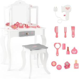 imageINFANS Kids Vanity 2 in 1 Princess Makeup Table and Chair Set with TriFolding Detachable Mirror 10 Accessories Wooden Dressing Table Beauty Pretend Play Vanity Set for Toddler Girls Gift PinkWhite