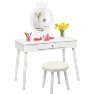 imageINFANS Kids Vanity Dressing Table ampamp Stool Set Wooden Pretend Play Dressing Table with Real Mirror Drawer Crown Shape Princess Makeup Dressing for Little GirlsWhite