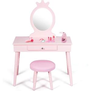 imageINFANS Kids Vanity Dressing Table ampamp Stool Set Wooden Pretend Play Dressing Table with Real Mirror Drawer Crown Shape Princess Makeup Dressing for Little GirlsPink