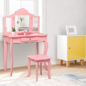 imageINFANS Kids Wooden Princess Vanity Table ampamp Chair Set 2in1 Toddler Vanity Table with Stool TriFolding MirrorLarge Drawer Pretend Beauty Make Up Dressing Play Set for Little GirlsPink