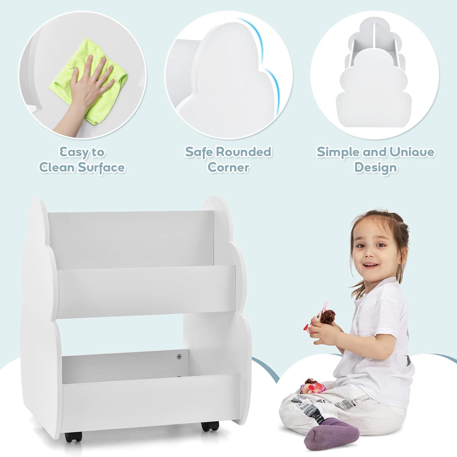 imageINFANS Kids Bookshelf with Wheels Wooden Bookcase Toy Storage Cabinet Organizer Holder Toddler Display Stand Book Rack for Bedroom Playroom Nursery KindergartenWhite